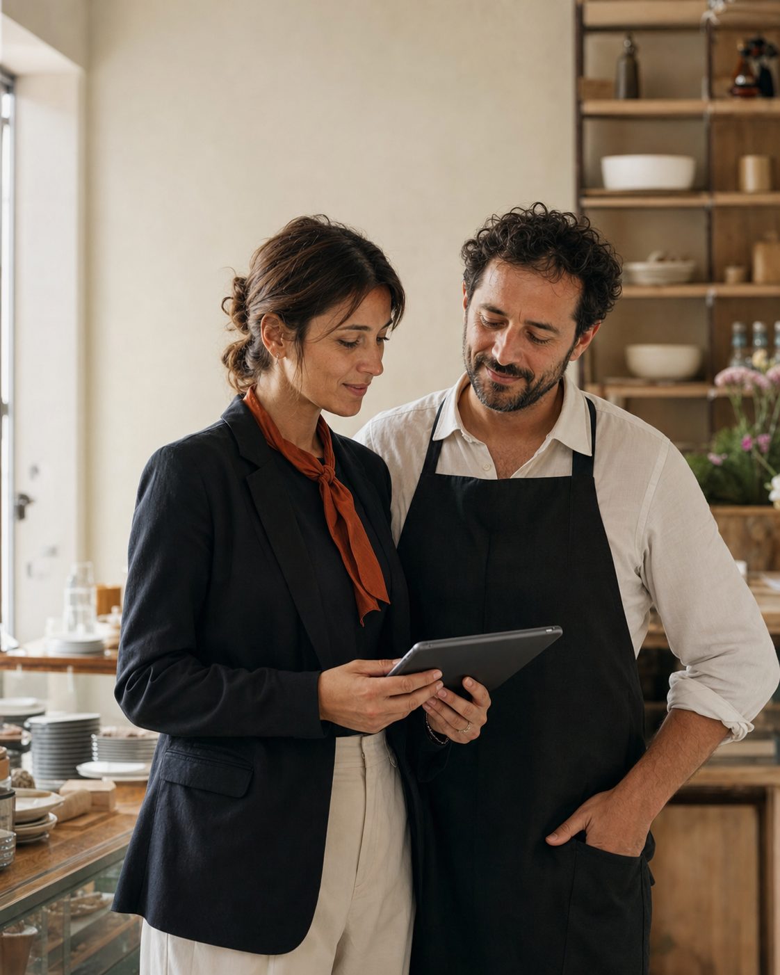 Un imprenditore locale e una consulente digitale osservano insieme un progetto su tablet