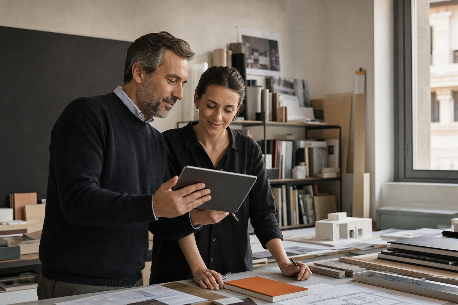 Due professionisti osservano un flusso di lavoro organizzato su tablet nel loro studio